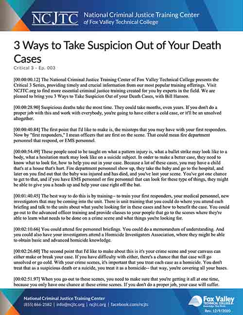 Critical 3 Episode 3 - 3 Ways to Take Suspicion out of Death Cases transcript