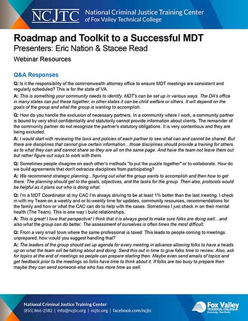 Roadmap and Toolkit to a Successful MDT - Q&A Responses