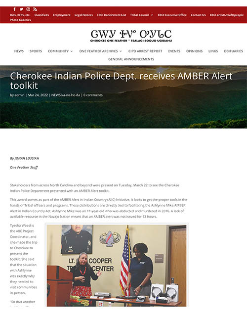 Cherokee Indian Police Department Receives AMBER Alert Toolkit