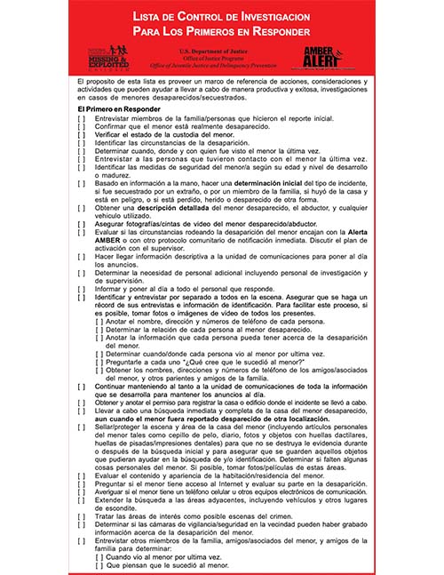 AMBER Investigative Checklist Spanish Version Image
