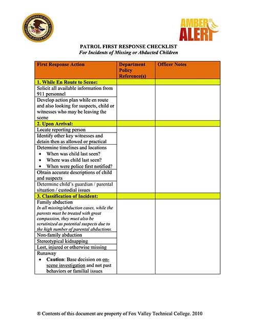 First Responder Checklist on Missing Children Cases Image