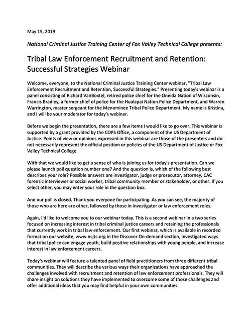 Tribal Law Enforcement Recruitment and Retention: Successful Strategies Transcript