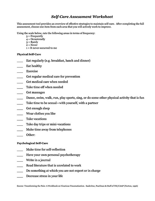 Self Care Assessment Worksheet