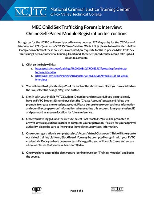 MEC Child Sex Trafficking Forensic Interview: Online Self-Paced Module Registration Instructions