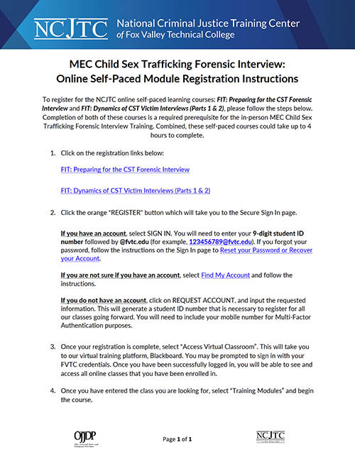 MEC Child Sex Trafficking Forensic Interview: Online Self-Paced Module Registration Instructions