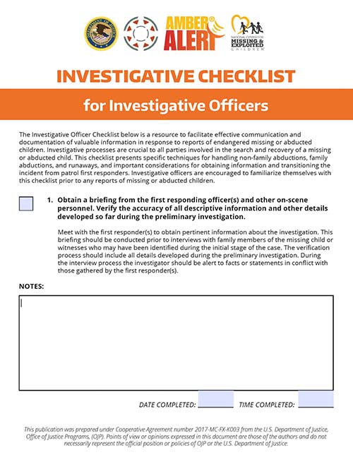 AMBER Investigative Checklist for Investigative Officers