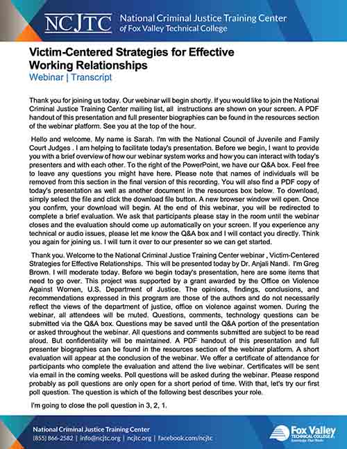 Victim-Centered Strategies for Effective Working Relationships Transcript