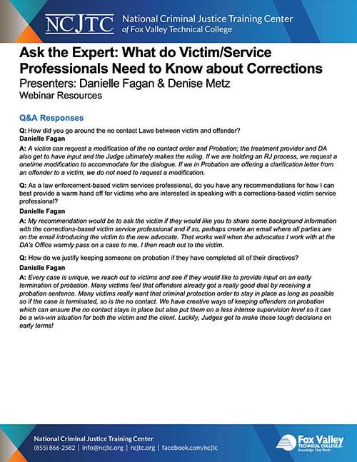 What do Victim/Survivor Service Professionals Need to Know about Corrections - Q & A