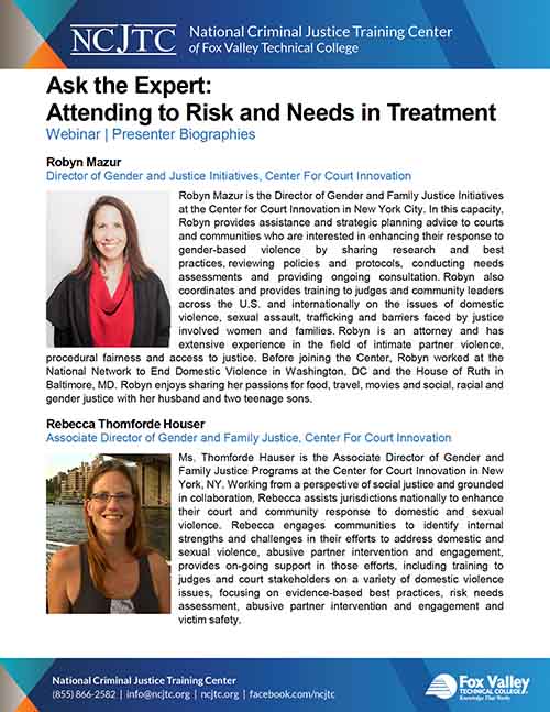 Ask the Expert Series: Attending to Risk and Needs in Treatment webinar - Presenter Bios