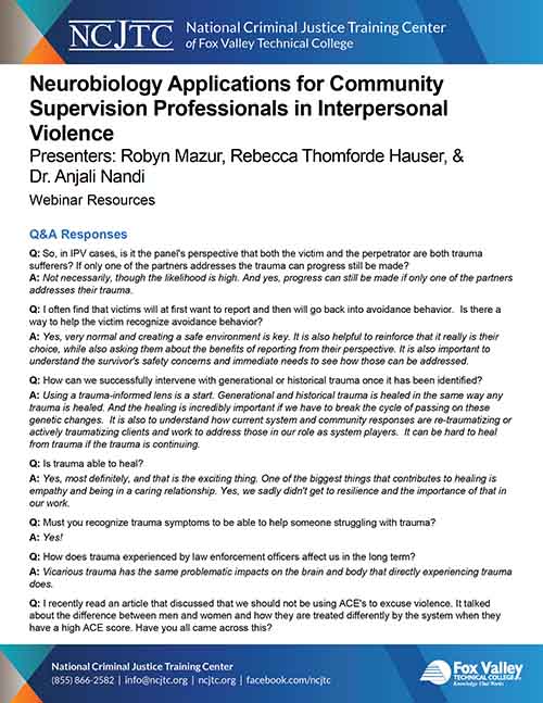 Neurobiology Applications for Community Supervision Professionals in Interpersonal Violence - Q&A