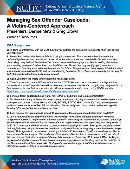 Managing Sex Offender Caseloads: A Victim-Centered Approach - Q&A