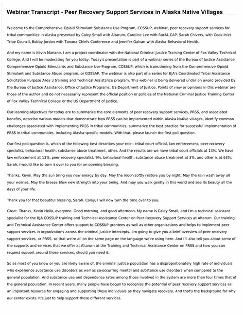 Peer Recovery Support Services in Alaska Native Villages - Transcript Image
