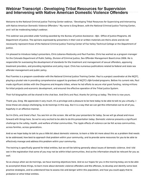 Developing Tribal Resources for Supervising and Intervening with Native American Domestic Violence Offenders - Transcript