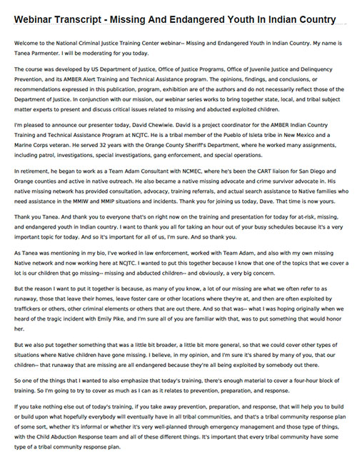 Missing and Endangered Youth in Indian Country Transcript