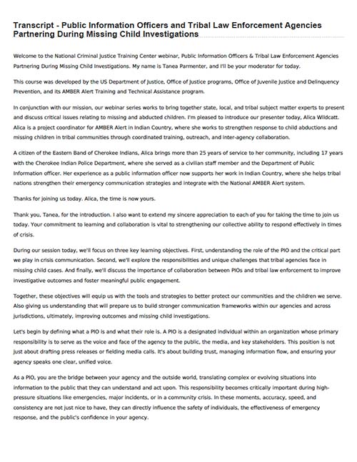 Public Information Officers and Tribal Law Enforcement Agencies - Transcript