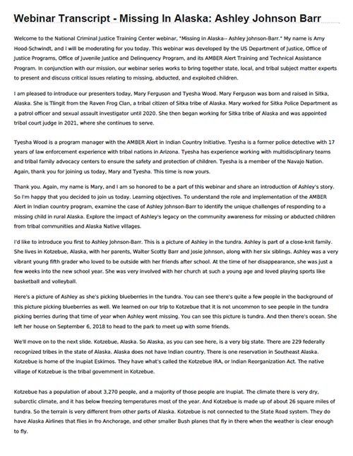 Missing in Alaska: The Ashley Johnson-Barr Story - Transcript